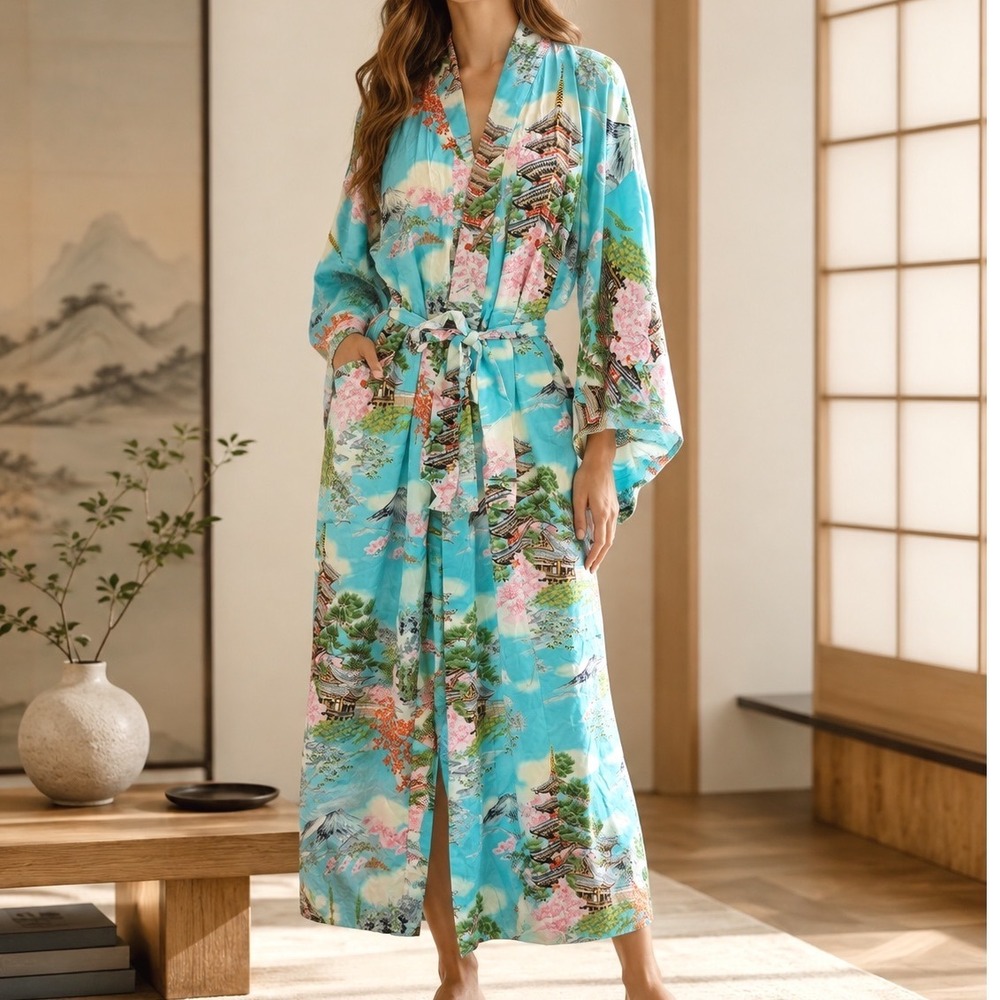 Vintage Japanese Pagoda Scenic Print Long Kimono Robe Blue Cherry Blossom OS B3
